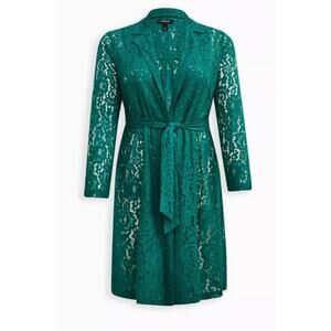 Torrid Green Lace Trench Coat Top 6 6X Belted Whimsigoth Fairy